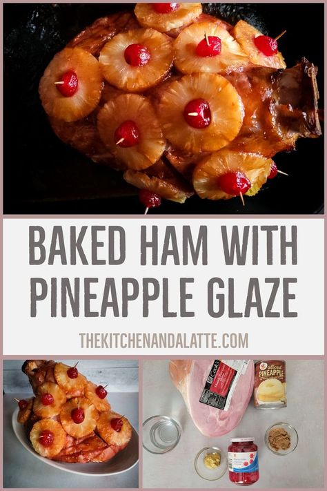 Baked ham is a classic holiday dinner main course. There are many ways to prepare it but this recipe has a pineapple, brown sugar and mustard glaze. It is also cooked with pineapple and cherries giving it the perfect combination of sweet and salty. #bakedham #bakedhamwithpineapplemustardglaze Brown Sugar Pineapple Ham Oven, How To Cook A Half Ham In The Oven, Ham With Bone In Recipes, Baked Ham Recipes Oven Pineapple, Oven Baked Bone In Ham, Pineapple Ham Oven, Ham In Oven Recipes, Whole Ham In Oven, Cook A Ham In The Oven