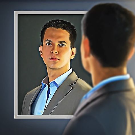 A young man looks at himself in a mirror Looking At Self In Mirror, Man Looking In Mirror, Reflection Drawing, Mirror Vector, Man Looks, Mirror Man, Hot Wheels Garage, Loving Yourself, Mirror Reflection