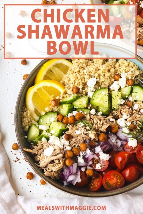 These nourishing chicken shawarma bowls are full of warm middle eastern flavors, vibrant vegetable and bold herbs. It can easily be made into meal prep for the week or made for dinner. | Mealswithmaggie.com #chickenshawarmarecipe #chickenshawarmainstantpot #chickenshawarmabowl Nourishing Bowls, Shawarma Seasoning, Shawarma Spices, Dinner Meal, Eat Healthier, Chicken Shawarma, Chicken Bowl, Meal Prep Bowls, Roasted Chickpeas