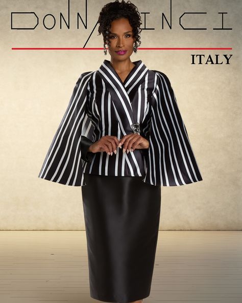 Donna Vinci 12133 2pc Stripe Silk Skirt Suit Available to ship! Size: 8-20. Color: Black/White. Virtual silk fabrics with beautiful black stone trimmed buckle. Jacket length: 23” - Skirt length: 30” Shop this look: https://www.kingsandqueensclothier.shop/products/donna-vinci-12133-2pc-stripe-silk-skirt-suit Mens Dress Coats, Donna Vinci Church Suits, White Church Hats, First Lady Church Suits, Cape Skirt, Key Lime Pies, Suit Colors, Church Dresses For Women, Church Lady Hats