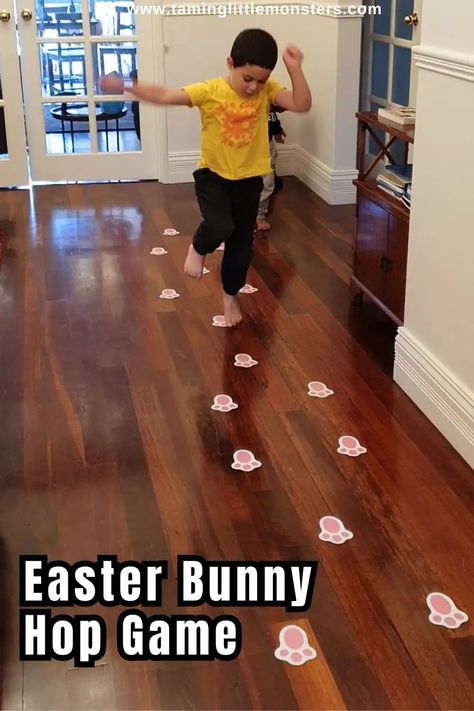 Easter Bunny Hop game. A fun way for toddlers and preschoolers to burn off some extra energy. Perfect for developing gross motor skills this Easter. #easter #grossmotor #toddler #preschool Bunny Activities, Easter Games For Kids, Gross Motor Activity, Play Based Learning Activities, Infant Room, Preschool Planning, Easter Theme, Gross Motor Activities, Motor Skills Activities