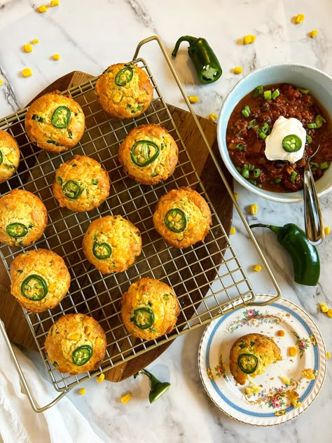 Gourmet Sides, Cheddar Cornbread Muffins, Jalapeno Cheddar Cornbread Muffins, Mini Corn Muffins, Cheddar Corn, Cornbread Muffins Recipe, Bowl Of Chili, Jalapeno Cheddar Cornbread, Cheddar Cornbread