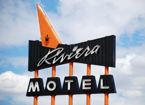 The Riviera Motel -- an iconic, 1960s example of 'Googie' architecture, which still looks cool today. Preservation efforts are underway to save these Colfax Avenue gems in Denver. Denver Post file photo. Googie Signs, Googie Design, Motel Signs, Roadside America, Motel Sign, Retro Signage, Googie Architecture, Diner Sign, Vintage Signage