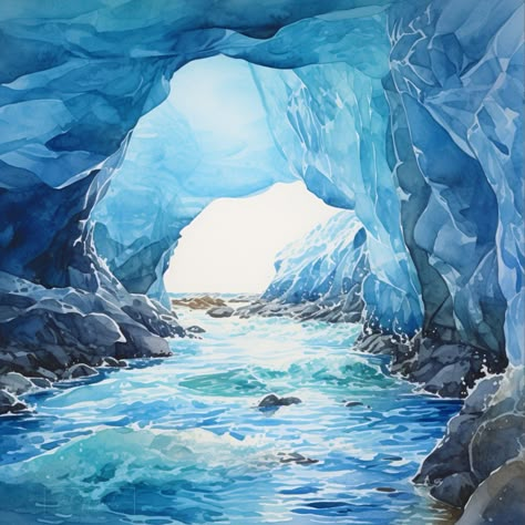 Cave Watercolor, Iceland Watercolor, Ice Cave Photography, Cave Illustration, Painting Ice, Otherworldly Beauty, Ice Painting, Ice Caves, Ice Cave