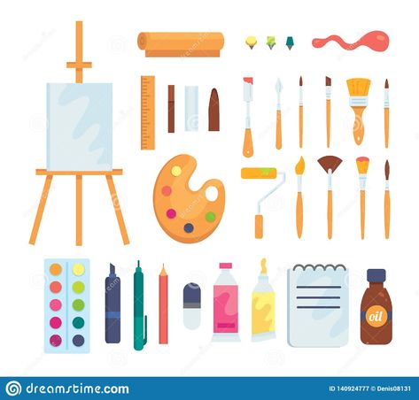 Set Of Colored Painting Tools Vector Icons In Cartoon Style. Supplies, Art Brushes And Easel. Artist Or School Stock Vector - Illustration of colored, hand: 140924777 Flat Design Icons, School Creative, Paint Tubes, Stencil Templates, Art Brushes, Art Tools, Painting Tools, Art Studies, Cartoon Style