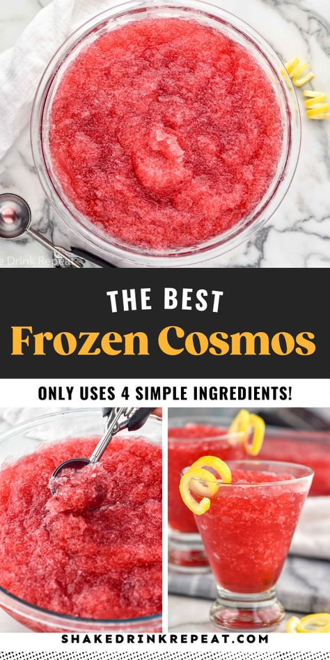 Cosmos Recipe, Frozen Mixed Drinks, Alcoholic Slushies, Cosmo Recipe, Cosmopolitan Recipe, Palm Royale, Yummy Summer Drinks, Frozen Cocktail Recipes, Alcholic Drinks