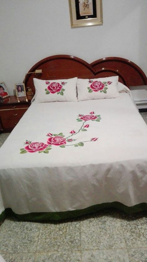 Hand embroidery design for bedsheets simple rose flowers creative work Hand Embroidery Designs For Bedsheets, Bedsheet Painting Designs, Simple Bed Sheets, Draps Design, Bed Sheet Painting Design, Flowers Creative, Tie Dye Bedding, Saree Painting Designs, Bed Cover Design