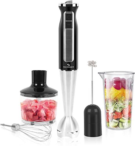 SOLTRONICS Immersion Hand Blender, 5-in-1, 8-Speed 500 Watts Stick Blender with 860ml Food Grinder, 600ml Container, Milk Frother, Egg Whisk for Puree Infant Food, Smoothies, Sauces and Soups, Black Infant Food, Food Smoothies, Stick Blender, Frothing Milk, Food Chopper, Hand Blender, Egg Whisk, Milk Frother, Mixing Bowls