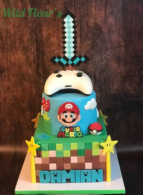 Minecraft, Super Mario Gaming cake. Rice Krispie Treat Xbox controller Mario And Minecraft Cake, Mario Minecraft Cake, Mario Minecraft Birthday Party, Nintendo Cake, Gaming Cake, Pastel Minecraft, Zelda Cake, Star Wars Birthday Cake, Mario Birthday Cake