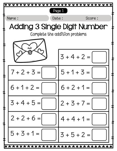 Make math exciting with these versatile addition worksheets! This set of 20 printable worksheets is designed for Kindergarten and 1st- Grade students to practice adding 3 single-digit numbers. With a mix of horizontal and vertical formats, these worksheets offer variety while helping students build confidence. First Grade Worksheets Free, Math For Second Grade Worksheets, 1 Grade Math Worksheets, Grade 1 Math Worksheets Free Printable, Adding 3 Digit Numbers, 1st Grade Worksheets Free Printables, Math Worksheets For Grade 1, 1st Grade Writing Worksheets, Grade 2 Worksheets