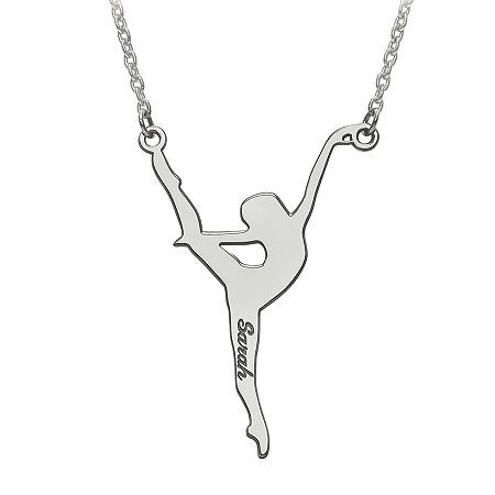 She'll love wearing her favorite activity around her neck with this personalized dancer necklace. Up to 9 characters for name.Metal: Rhodium-plated sterling silver, 14K white gold or 14K yellow goldClosure: Lobster claspDimension: 18″ cable chainPendant Size: 40x25mmJewelry photos are enlarged to show detail. Dancer Necklace, Favorite Activity, Necklace White, Girl Names, Name Necklace, Rhodium Plated, Pendant Necklaces, Dancer, Silver Necklace