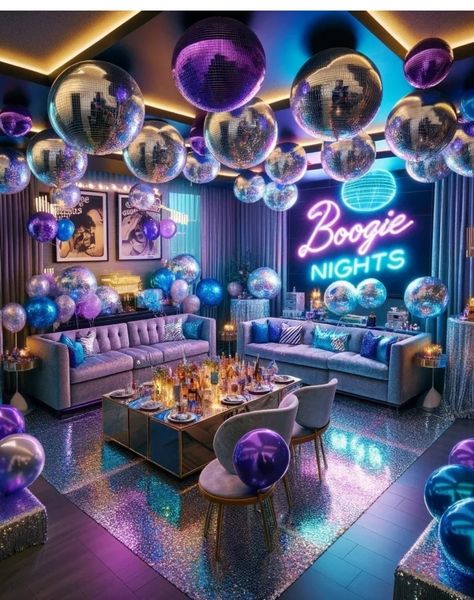 Disco Space Party, Disco Party Activities, Boogie Nights Party, Disco Table Decorations, Disco Night Theme Party, Disco Lights Party, Disco Party Aesthetic, Neon Disco Party, Disco Fever Party