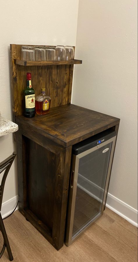 Home Liquor Storage Ideas, Western Liquor Cabinet, Mini Fridge Built In Cabinet Diy, Small Liquor Bar, Mini Fridge Stand Diy, Outdoor Fridge Ideas, Small Bar Ideas For Home Apartments, Liquor Cabinet Diy, Diy Corner Bar