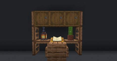 An easy minecraft desk build made out of jungle wood Bedroom Minecraft Ideas, Desk Minecraft, Minecraft Bed Ideas, Minecraft Library, Minecraft Build Ideas, Desk Build, Minecraft Interior, Minecraft Interior Design, Easy Minecraft Houses