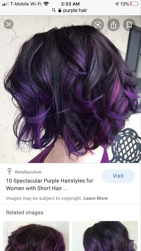 Purple Highlights In Brown Hair Short, Purple Hair Bob Short, Purple Peekaboo Highlights Short Hair, Short Wavy Purple Hair, Purple Tips Short Hair, Brown To Blue Ombre Hair Short, Short Purple Ombre Hair, Short Dark Brown Hair With Purple Highlights, Purple And Black Short Hair