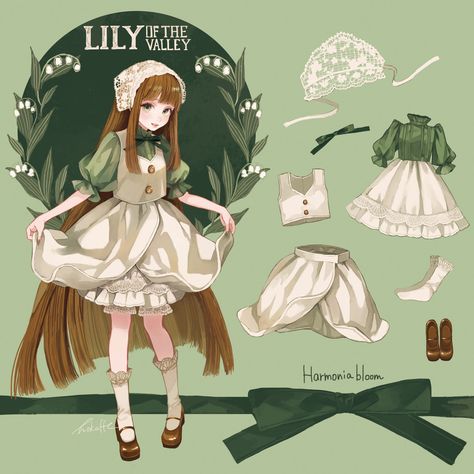 Lily Of The Valley Inspired Outfit, Lily Of The Valley Character Design, Lily Of The Valley Character, Lily Of The Valley Outfit, Sketch Body, Fairy Oc, Pokemon Show, Rozen Maiden, Hair Illustration