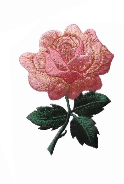 Rose Flower Embroidery, Leaves Embroidery, Rose Patch, Floral Embroidery Patterns, Pink Rose Flower, Embroidery Flowers Pattern, White Cloth, Flower Patch, Rose Embroidery