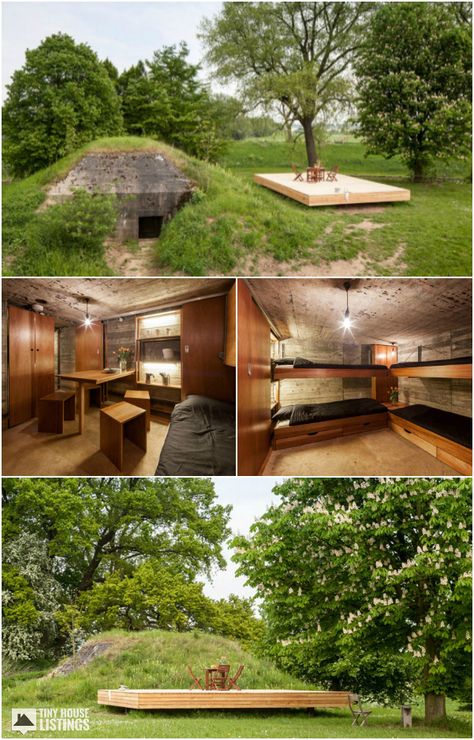 A 118 square feet underground home made from an old war bunker in Vuren, The Netherlands. Photos by Tim Van de Velde. Designed by B-ILD. Underground Tiny House, Underground Earthbag House, Underground House Design, Under Ground Homes, Bunker Ideas Underground, Underground Cabin, Home Bunker, Diy Bunker, Emergency Architecture