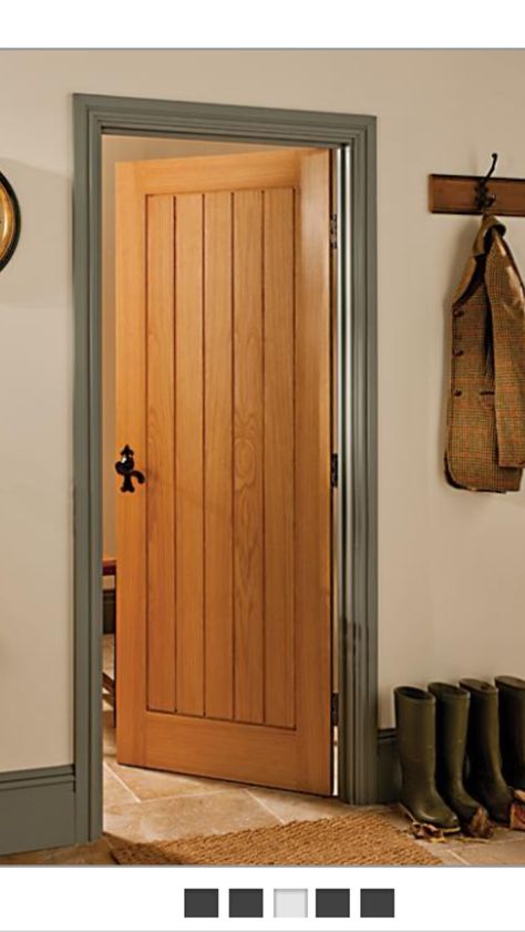 Oak cottage style door Striped Wooden Doors, Rustic Oak Doors, Interior Doors Cottage, Cottage Interior Doors, Bungalow Hallway, Cottage Doors Interior, Hallway 2023, Oak Doors Internal, Wooden Door Paint