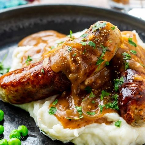 Bangers and Mash with onion gravy - Saving Room for Dessert Buffalo Chicken Burgers, Grilled Buffalo Chicken, Sausage And Mash, Buttery Mashed Potatoes, Cacciatore Recipes, Easy Burgers, Beef Tips And Gravy, Chicken Cacciatore Recipe, Chicken Burgers Recipe