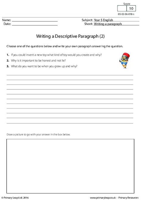 PrimaryLeap.co.uk - Writing a Descriptive Paragraph (2) Worksheet Inquiry Based Learning Kindergarten, Paragraph Writing Worksheets, Descriptive Paragraph, Paragraph Worksheets, Creative Writing Topics, Learning Kindergarten, Elementary Worksheets, Worksheets For Grade 3, English Skills