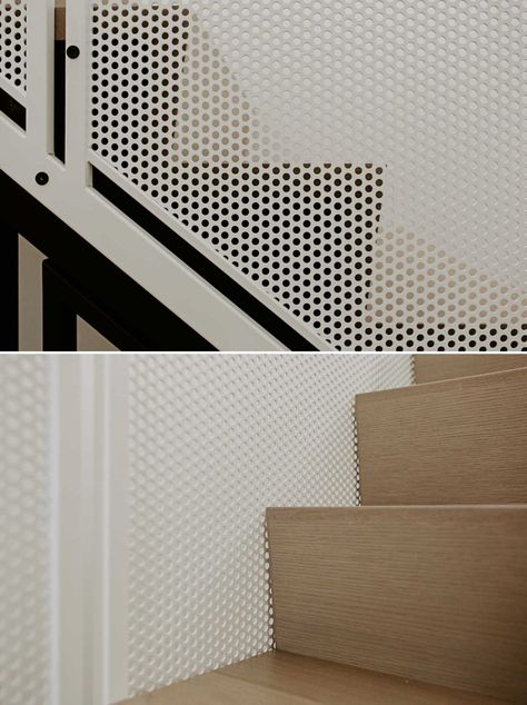 Perforated Metal Stairs, Adu Loft, Japanese Railing, Perforated Metal Railing, Modern Wood Stairs, Loft Access, Stair Paneling, Balustrade Design, Perforated Metal Panel