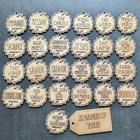 Names Of Christ Ornaments, Scripture Ornaments, Names Of Jesus Ornaments, Names Of Jesus Advent, The Names Of Jesus, Christmas Crafts Sewing, Name Ornaments, Walnut Plywood, Jesus Sacrifice