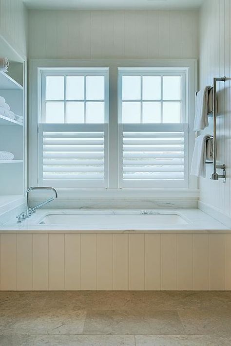 Drop In Tub with White Shiplap Trim - Cottage - Bathroom Drop In Tub Ideas, Navy Blue Backsplash, Bathtub Tile Surround, Shiplap Trim, White Herringbone Tile, Acrylic Vanity, Built In Bathtub, Marble Tub, Built In Bath