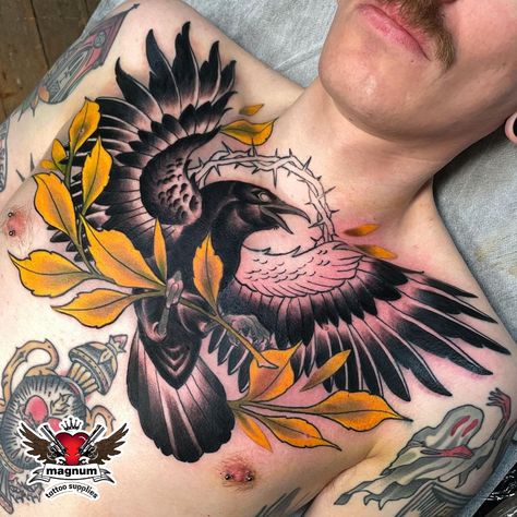 Bird Chest Piece Tattoo, Neo Traditional Chest Piece, Raven Neotraditional Tattoo, Chest Tattoo Neo Traditional, Crow Tattoo Chest, Raven Neotraditional, Crow Tattoo Traditional, Neo Traditional Raven Tattoo, Raven Traditional Tattoo