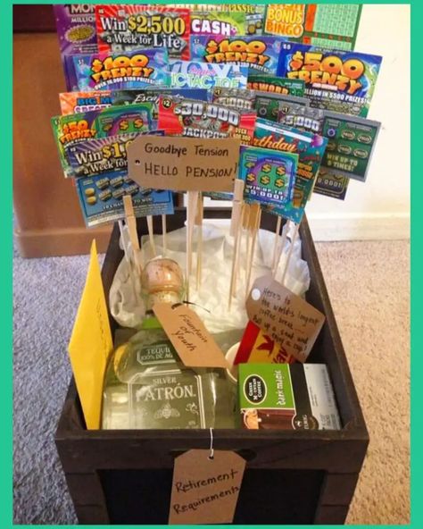 Scratch Off Lottery Ticket Gift Basket Ideas-Unique Scratchie Gifts For 2023 Retirement Gifts Diy, Retirement Gift Basket, Lottery Ticket Gift, Retirement Party Gifts, Boyfriend Gift Basket, Retirement Gifts For Men, Baskets For Men, Retirement Party Decorations, Raffle Baskets