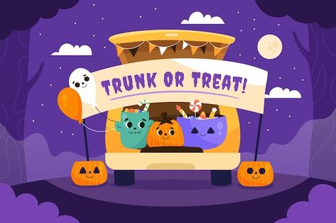 Hand drawn flat trunk or treat backgroun... | Free Vector #Freepik #freevector #car-trunk #halloween #spooky #halloween-background Trunk Or Treat Clipart, Trunk Or Treat Poster, Trunk Or Treat Sign, Media Ministry, Halloween Background, Basic Drawing, Trunk Or Treat, Car Trunk, Halloween Spooky