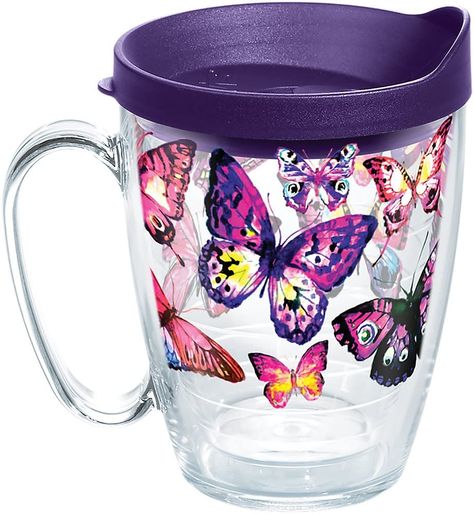 Amazon.com | Tervis Butterfly Passion Tumbler with Wrap and Royal Purple Lid 16oz Mug, Clear: Tumblers & Water Glasses Snoopy Valentine's Day, Tervis Tumbler, Thermal Cup, Butterfly Gifts, Bar Glassware, Cute Cups, Travel Cup, Insulated Cups, Insulated Tumbler