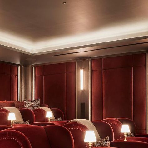 Taylor Howes on Instagram: "Grab your blankets and popcorn, it’s definitely that time of year for snuggling down and watching a film. Our Cotswolds estate cinema room was full of cosy textures from deep red velvets to intricately woven fabrics from the talented @toyinesellers. What is your favourite film to watch at this time of year? #interiordesign #cinemaroom" Art Deco Cinema Room, Vintage Cinema Interior, Vintage Movie Theater Interior, Vintage Movie Theater Aesthetic, Cinema Interior Design, Private Cinema Room, Small Cinema Room, Luxury Home Cinema Room, Everyman Cinema Interior