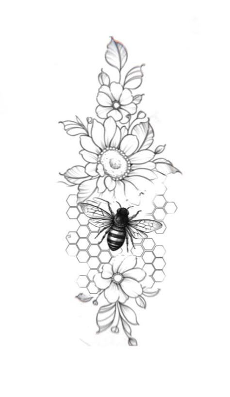 Honey Bee Tattoo Sleeve, Honey Bee On Flower Tattoo, Honeycomb With Flowers Tattoo, Add On Tattoo Ideas Thigh Piece, Sunflowers And Bees Tattoo, Honey Comb Tattoo With Flowers, Flower Bee Tattoo Sleeve, Chrysanthemum And Bee Tattoo, Bees Honeycomb Tattoo