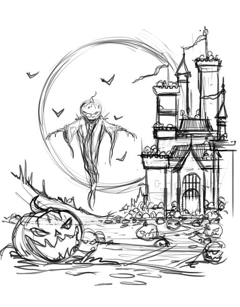 ‪Changing things up a bit- here’s my #digital #painting #art #process #artprocess #Commission #freelance #artist #Halloween #pumpkin #haunted #moon #horror #thumbnail #sketch #rough 114/365 #mikephillipsart #fantasyart #fantasyartist  #castle #spooky #conceptart #conceptsketch ‬ Haunted Castle Drawing, Halloween Scene Drawing, Horror Thumbnail, Spooky Sketches, Castle Drawing Easy, Castle Sketch, Practice Sketching, Road Drawing, Drawing Night