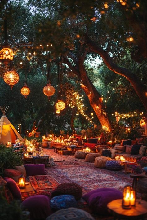 Dreamy Boho Nighttime Festival Boho Wedding Decor Ideas, Romantic Night Wedding, Nighttime Wedding, Colorful Lanterns, Boho Garden Party, Boho Wedding Ideas, Night Time Wedding, Boho Wedding Decor, Vibrant Decor