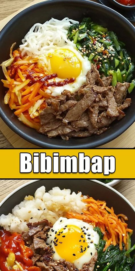 🍚 Bibimbap is a colorful and flavorful Korean rice bowl topped with sautéed veggies, marinated meat, a fried egg, and a spicy gochujang sauce. This dish is as fun to eat as it is to make! Customize it with your favorite ingredients for a healthy, delicious meal. 💡 Pin it now and make this vibrant dish at home! #Bibimbap #KoreanFood #HealthyMeals #RiceBowl #AsianCuisine 🥢🌶️ Korean Fried Rice Recipe, Korean Veggies, Bibimbap Sauce, Korean Rice Bowl, Rice Dishes Easy, Bibimbap Recipe, Sautéed Veggies, Gochujang Sauce, Korean Rice