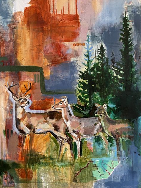 Abstract Deer Painting, Wildlife Painting, Deer Forest, Deer Painting, Style Reference, Wildlife Paintings, Forest Painting, Paintings I Love, Hippie Art