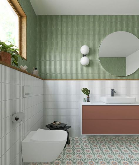 Bathroom Ensuite Ideas, Geometric Tiles Bathroom, Pool Tile Designs, Mint Bathroom, Porcelain Tile Bathroom, Green Tile Bathroom, White Porcelain Tile, Ceramic Tile Bathrooms, Small Bathroom Renovations