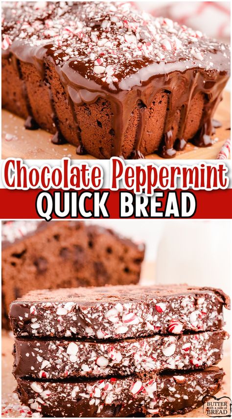 Chocolate Peppermint Bread is perfect for the holidays! Rich chocolate flavor sprinkled with peppermint makes this chocolate quick bread festive & delicious! Peppermint Bread, Chocolate Quick Bread, Christmas Bread Recipes, Candy Cookies Recipes, Yummy Things To Bake, Peppermint Recipes, Loaf Cake Recipes, Christmas Bread, Homemade Bread Recipes Easy