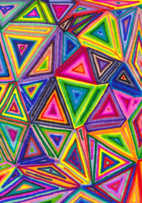 The artwork is composed of different sizes of triangles and triangular prisms. Classe D'art, Triangle Art, 4th Grade Art, Afrique Art, 5th Grade Art, Math Art, Middle School Art, Shape Art, Elements Of Art