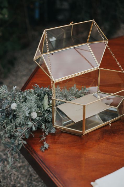 Hexagon Centerpiece Wedding Inspiration, Gold Wedding Card Box Ideas, Black Acrylic Card Box Wedding, Receiving Table, Gold Glass Card Box Wedding, Geometric Terrarium Wedding Centerpiece, Gold Card Box Wedding, Gold Card Box, Rustic Modern Wedding