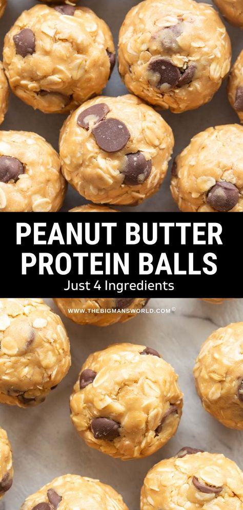 These peanut butter protein balls are the ultimate no bake snack using just 4 ingredients! 10 grams of protein each and NO added sugar needed. Easy Protein Snacks, Protein Energy Bites, High Protein Peanut Butter, Peanut Butter Protein Balls, Protein Balls Healthy, Low Fat Protein, Low Calorie Protein, Peanut Butter Protein Bars, Peanut Butter Bread