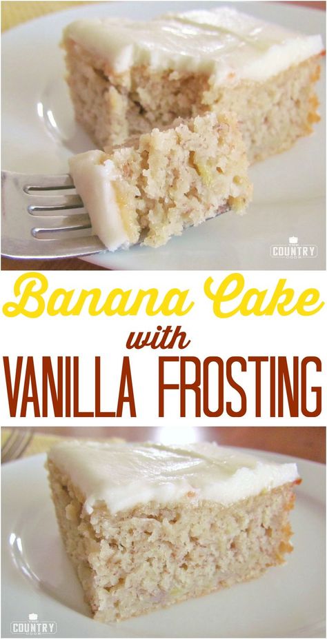 Homemade Banana Cake with Vanilla Frosting recipe from The Country Cook is so moist and delicious Homemade Banana Cake, Vanilla Frosting Recipe, Banana Frosting, Vanilla Frosting Recipes, Smores Dessert, Banana Cake Recipe, Country Cook, The Country Cook, Gateaux Cake