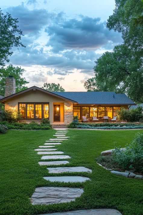 Discover timeless charm with elegant ranch-style houses in classic American design. Their open layouts, cozy interiors, and inviting outdoor spaces make them ideal for family living. Explore more!    #RanchStyle #TimelessCharm #HomeDesign #AmericanArchitecture #CozyInteriors #OpenConcept #VintageVibes #DreamHome #ArchitectureLovers #InteriorInspiration #FamilyHomes #HomeSweetHome #NatureInspired #ModernRanch #DesignTrends House With Yard, Small Ranch House, Classic American Home, Room Layout Design, Cozy Interiors, Open Floor Plans, Custom Home Plans, Modern Ranch, Floor Plan Layout