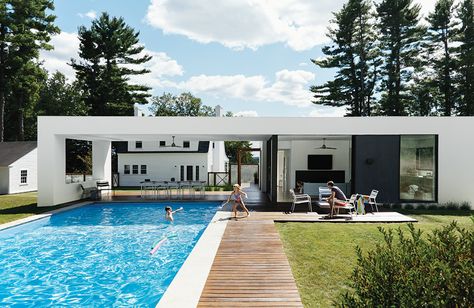 The 1,000-Square-Foot Modern Pool House That's Actually Just My Dream House — Dwell Prefab Pool, Prefab Cottages, Prefab Pool House, Modern Pool House, Beadboard Backsplash, Pool Cabana, Modern Villa Design, Overhead Storage, Modern Pools