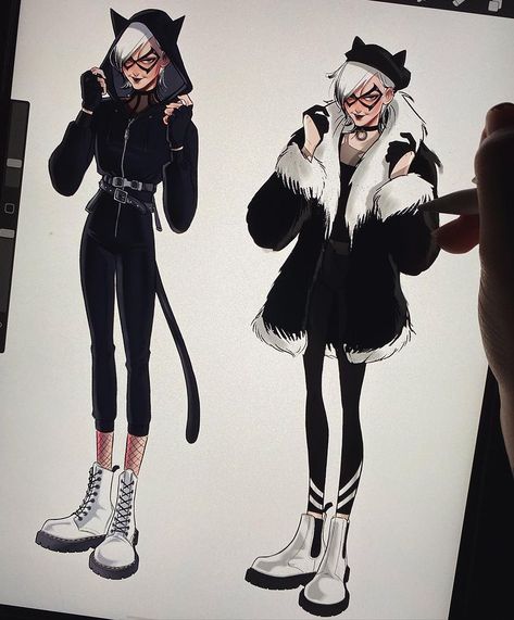 Sweeney Boo on Instagram: “Some Black Cat design for fun 🐈‍⬛ #blackcat #marvel #sketch #doodles #sweeneyboo” Cat Themed Superhero Suit, Black Cat Marvel Redesign, Goth Superhero Character Design, Cat Superhero Character Design, Cat Hero Costume, Catwoman Redesign, Black Cat Redesign, Goth Superhero, Black Cat Dc