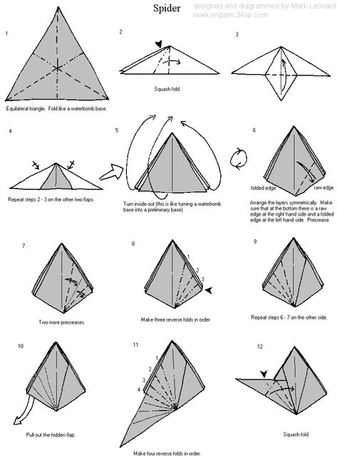 Spider diagrams 1 Origami Spider, Spider Diagram, Origami Diagrams, Jumping Spider, Money Origami, Origami Art, Halloween Crafts, Origami, Sculpture