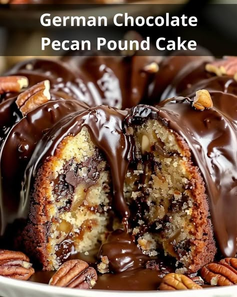 Decadent German Chocolate Pecan Pound Cake Delight German Chocolate Pound Cake, Pecan Pound Cake, Bundt Pan Recipes, Chocolate Pound Cake, German Chocolate Cake, Bundt Cakes Recipes, Chocolate Pecan, German Chocolate, Cakes Recipes