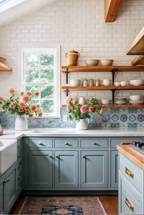 Highland Cottage Interior, Small Modern Cottage Interior, English Seaside Cottage Interior, Colourful Cottage Interior, Cottage Core Kitchen Inspiration, All Blue Kitchen, Cottage Modern Kitchen, Cottage House Interior Design, Colorful Cottage Kitchen